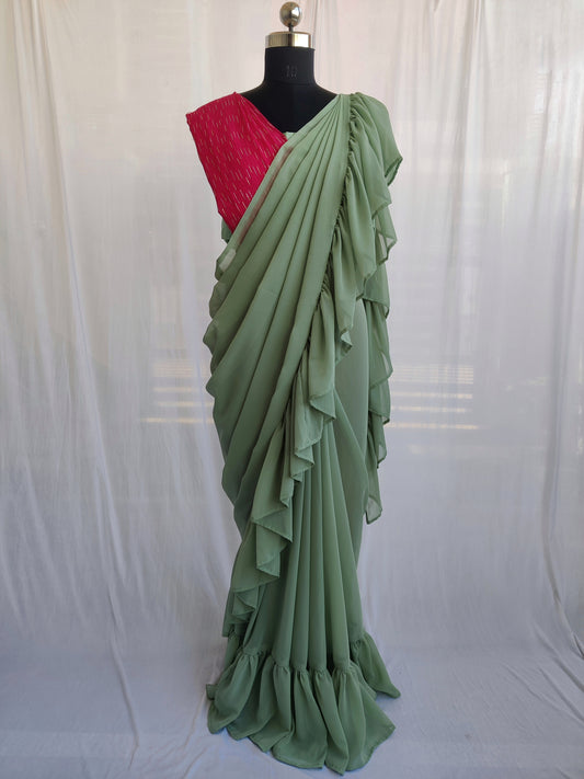 Pista green ruffle saree